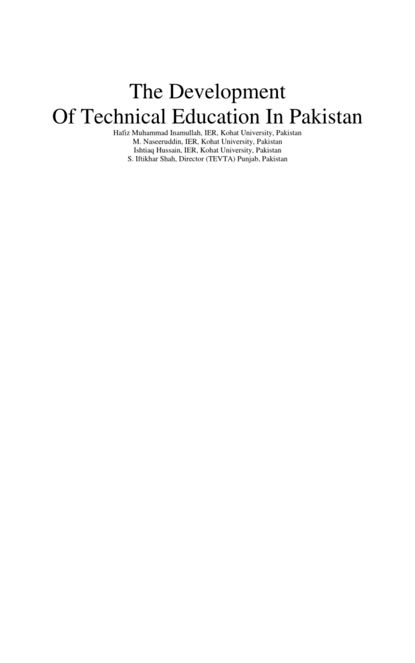 TECHNICAL EDUCATION PLAN FOR PAKISTAN